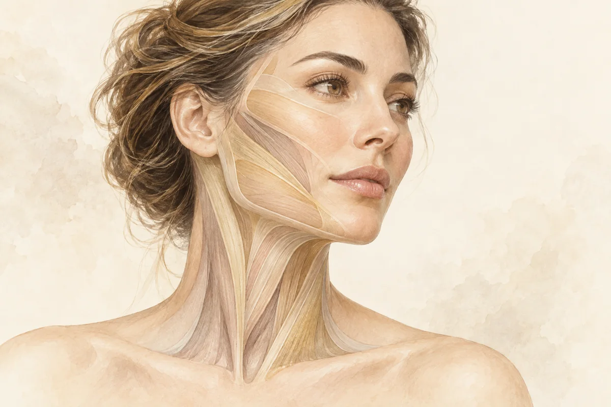 Ilustración en acuarela de la zona tratada con lifting facial Deep Plane de preservación